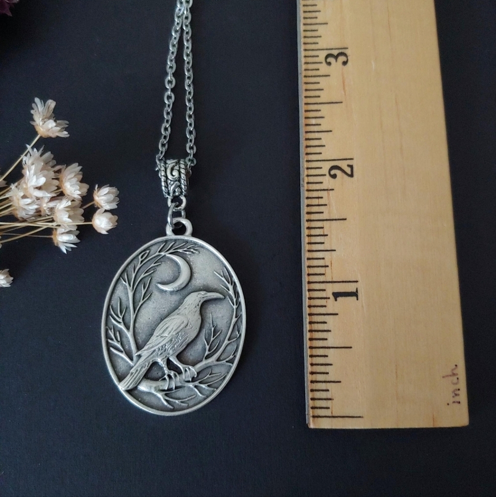 Silver Raven and Moon Pendant Necklace - Picture 4 of 7